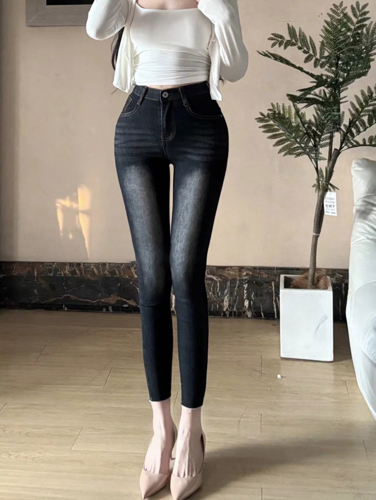 Pantalon en denim stretch taille haute