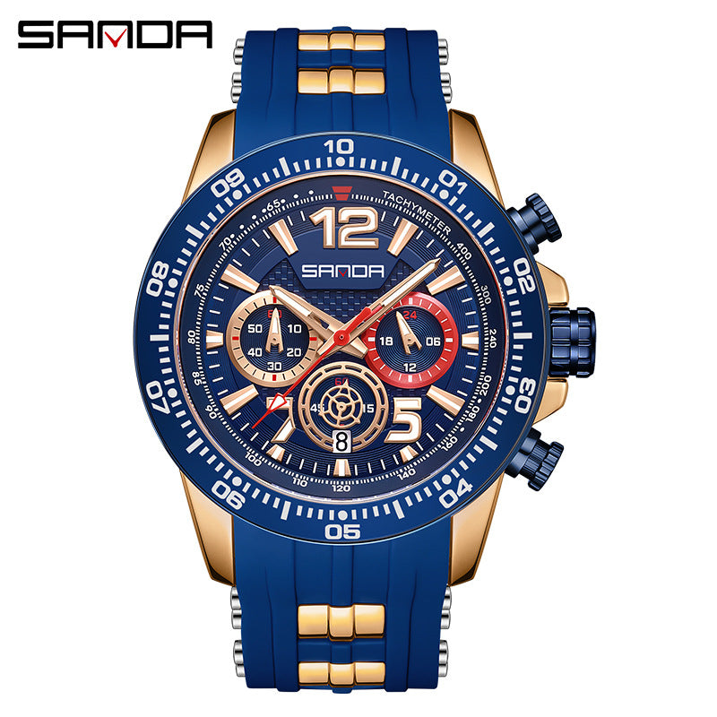 Montre homme étanche à quartz, trois cadrans et six broches