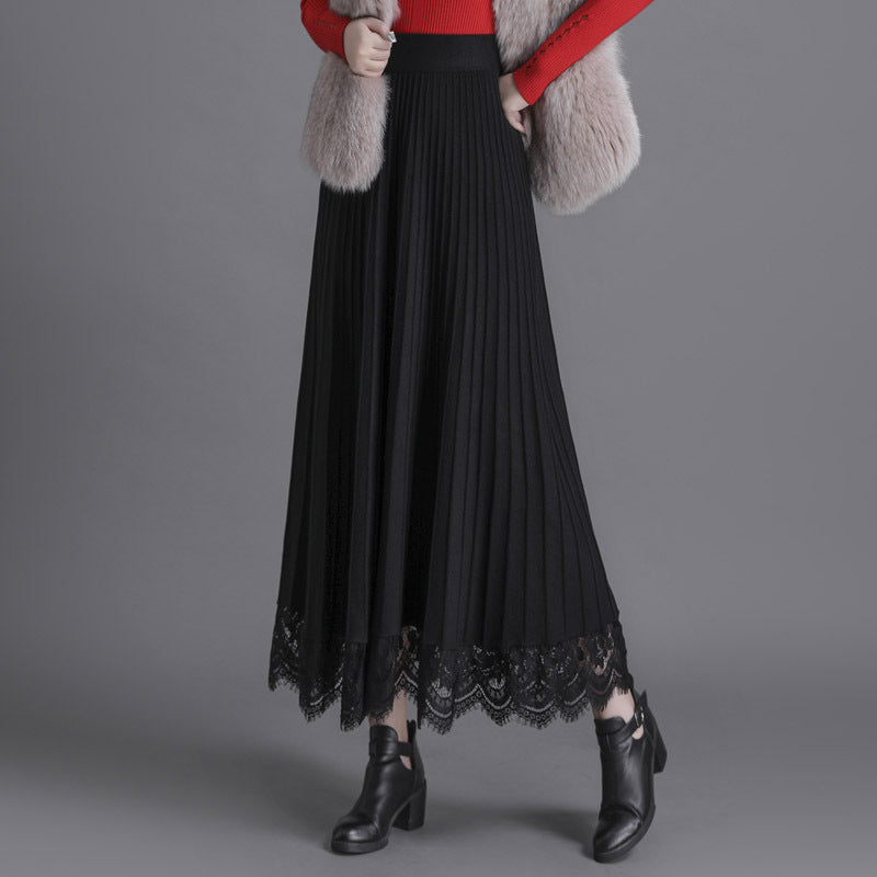 Womens Knitted Pleated Mid-Length Skirt