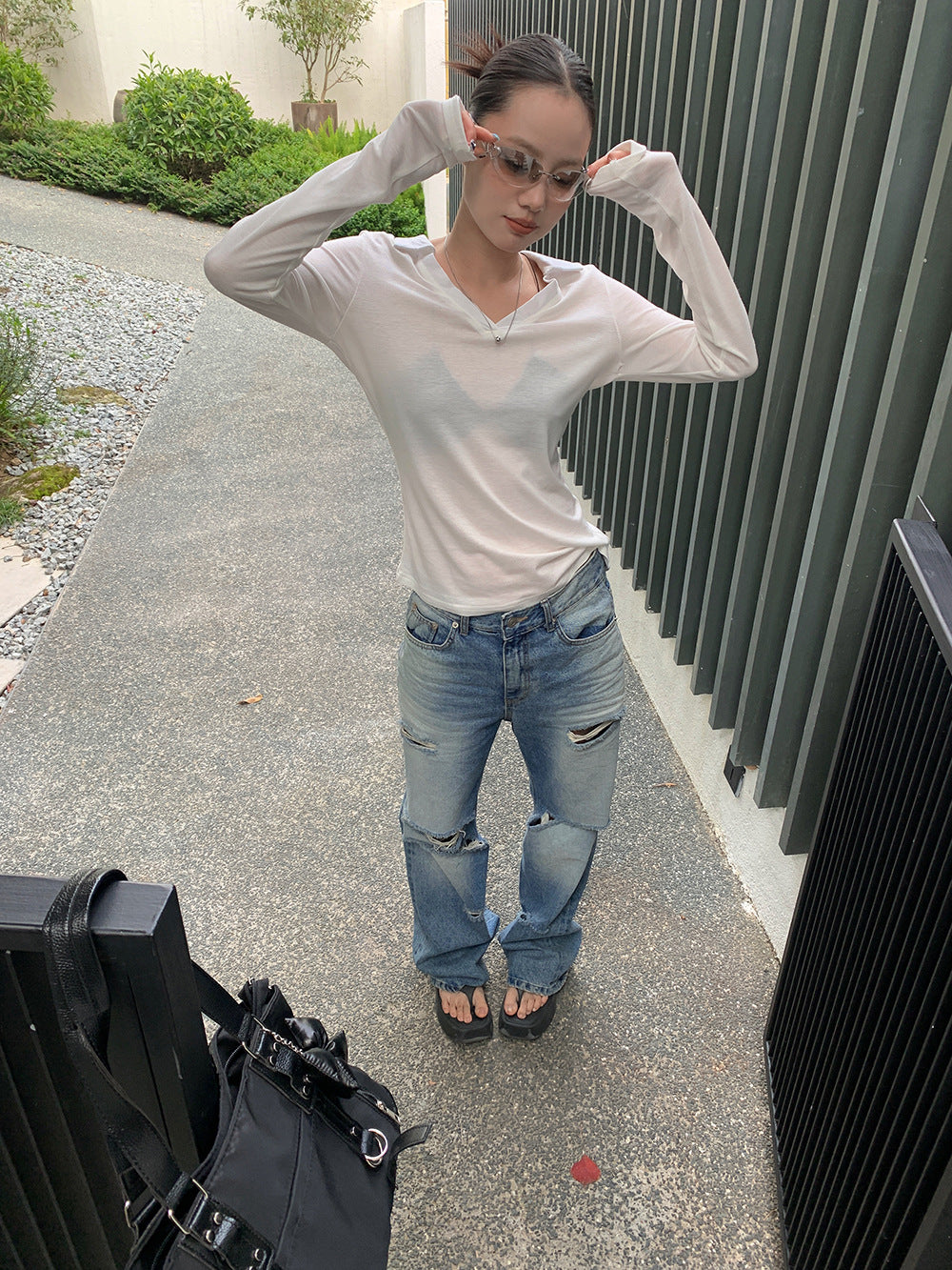 Pantalon en jean évasé délavé 