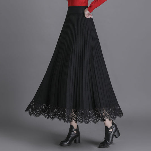 Womens Knitted Pleated Mid-Length Skirt