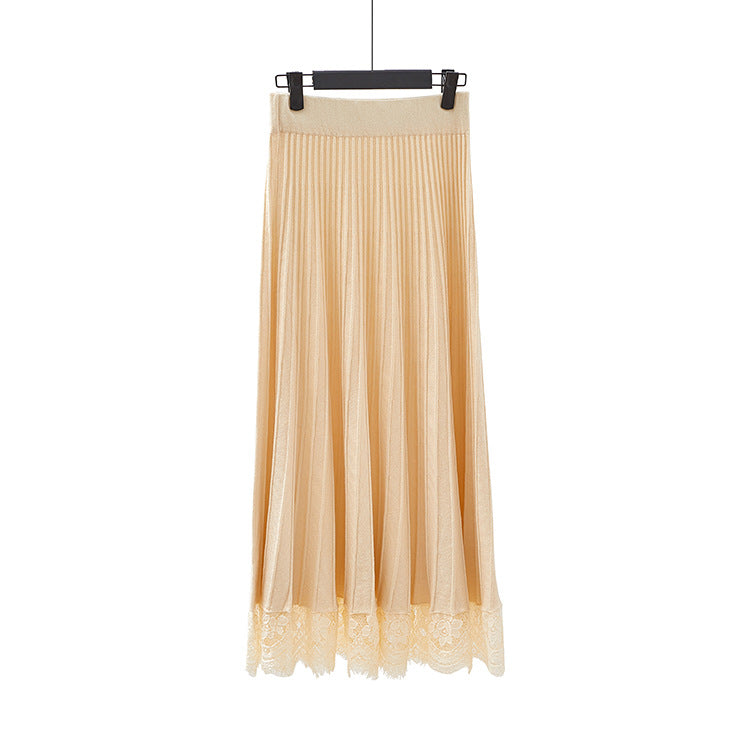 Womens Knitted Pleated Mid-Length Skirt