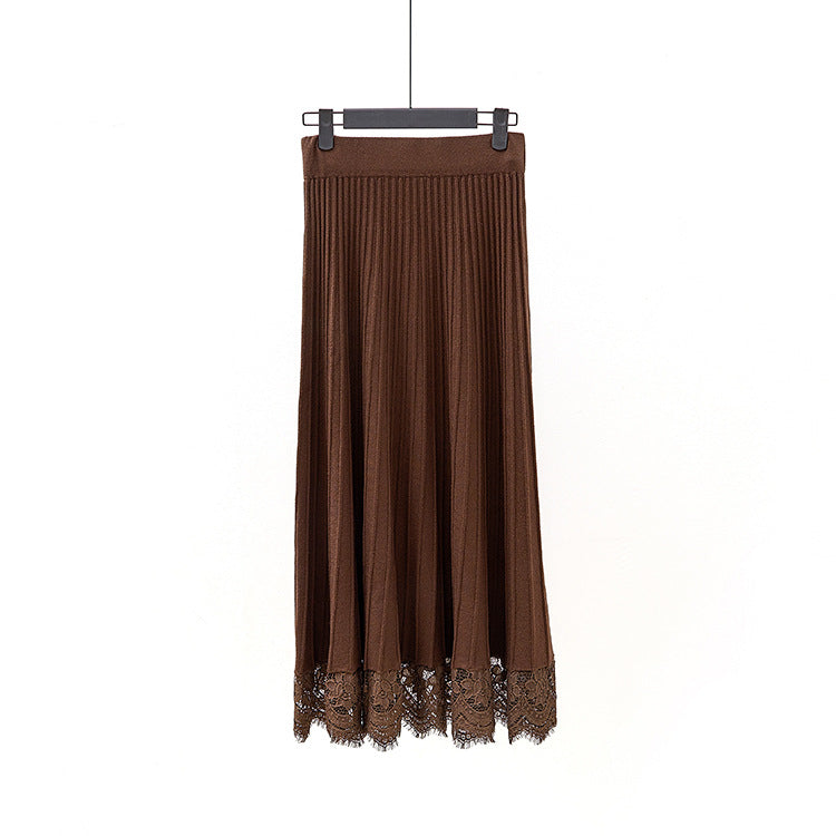 Womens Knitted Pleated Mid-Length Skirt
