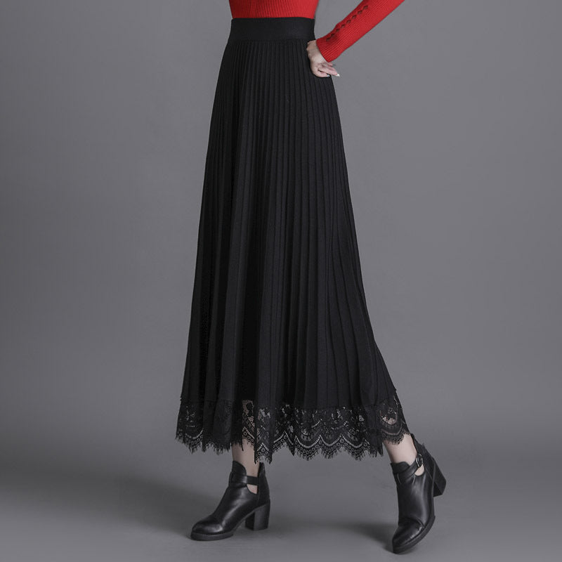 Womens Knitted Pleated Mid-Length Skirt