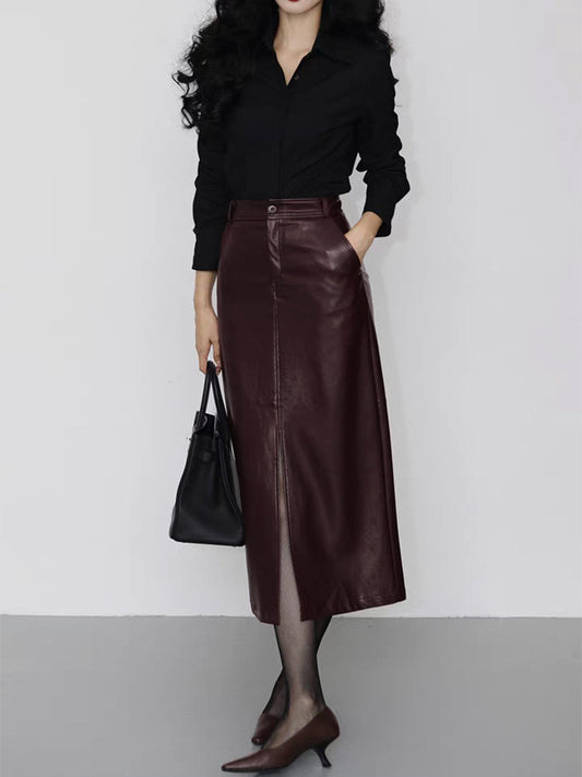 Genuine Leather A-Line Skirt with Front Slit