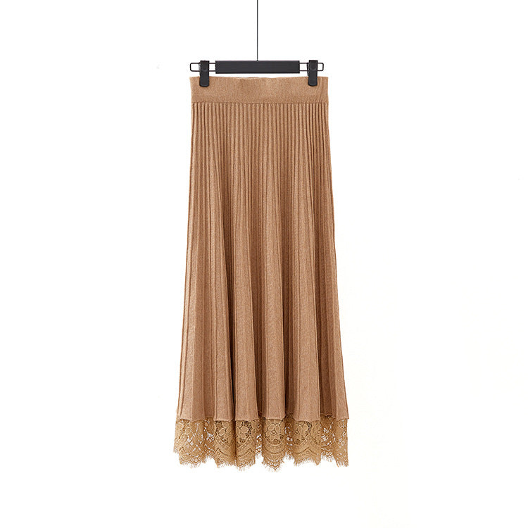 Womens Knitted Pleated Mid-Length Skirt