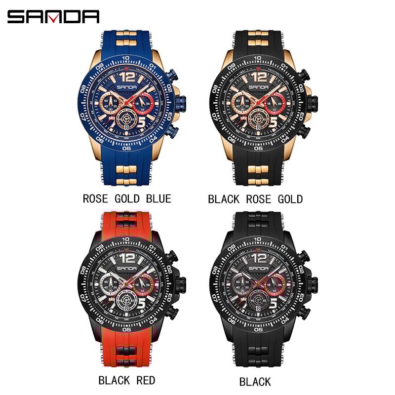 Montre homme étanche à quartz, trois cadrans et six broches 