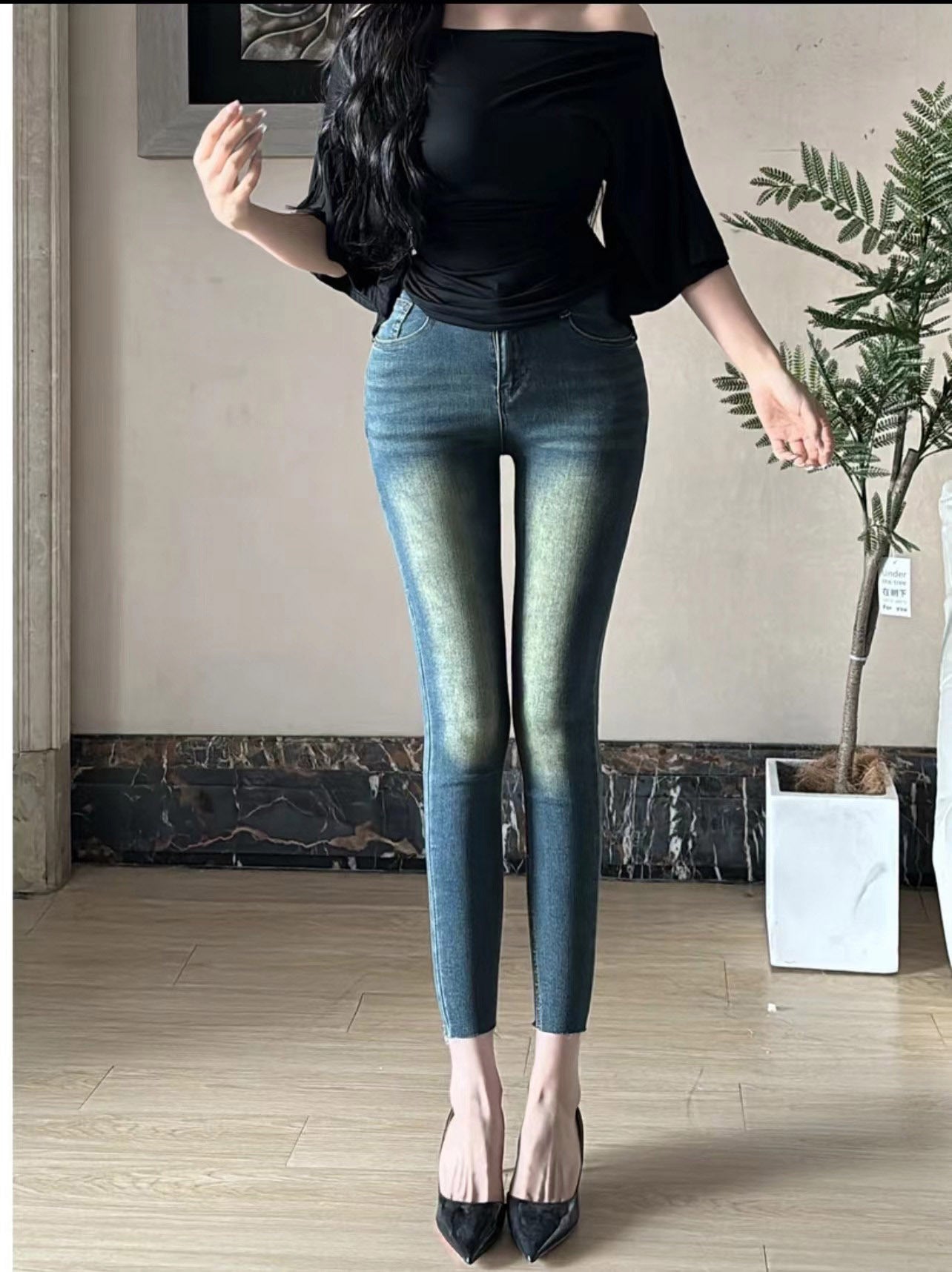 Pantalon en denim stretch taille haute 