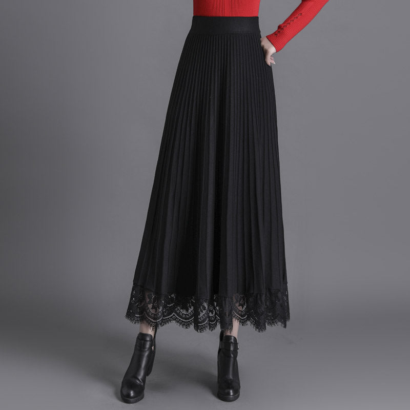 Womens Knitted Pleated Mid-Length Skirt