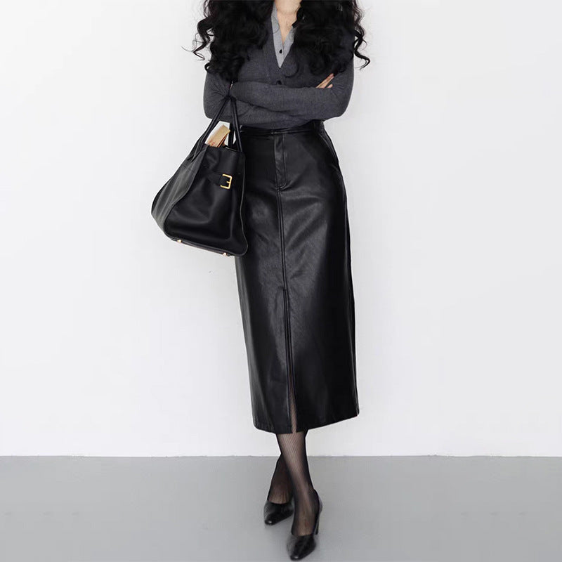 Genuine Leather A-Line Skirt with Front Slit