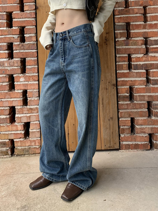 Pantalon en jean taille haute à jambes larges pour femme 