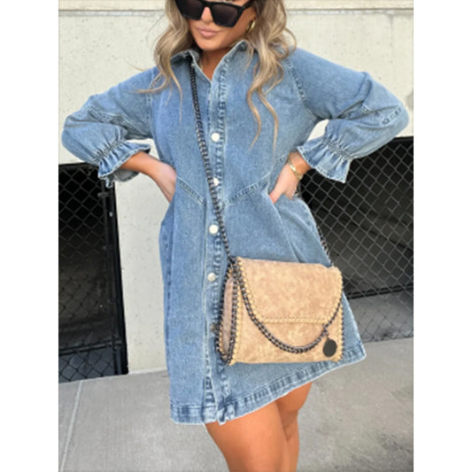 Robe-chemise en jean à manches lanternes 