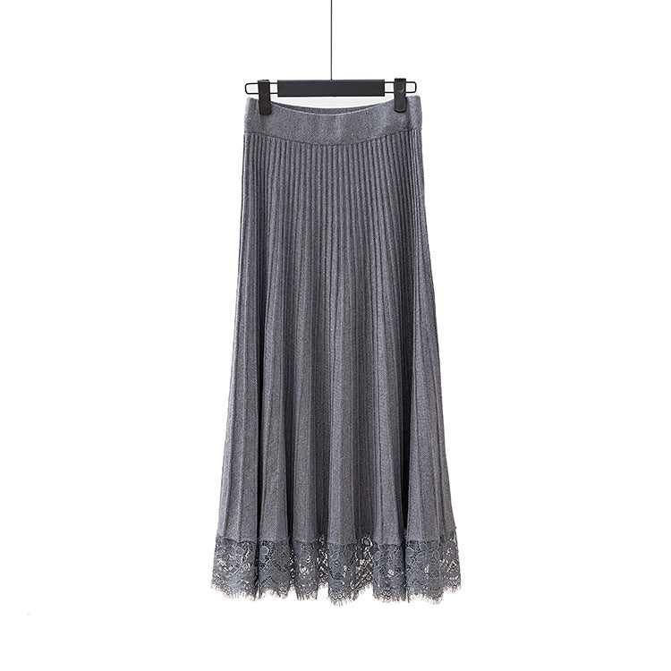 Womens Knitted Pleated Mid-Length Skirt